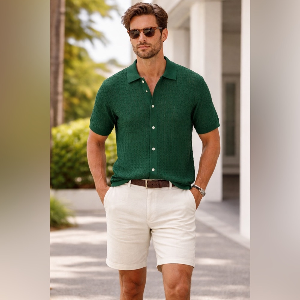 Spier & Mackay Green Linen-Cotton Open Knit Polo Size XL